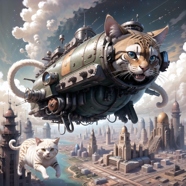 Eine Katze fliegt in einer Steampunk-Stadt mit einer Katze darauf.