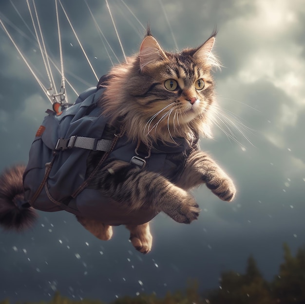 Eine Katze fliegt mit einem daran befestigten Fallschirm durch den Himmel.