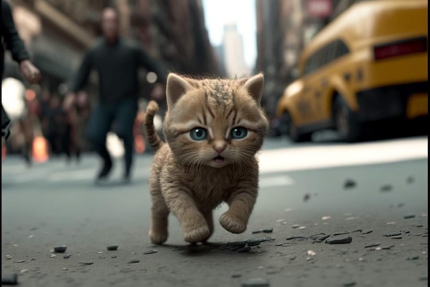 Eine Katze geht mit einem Mann im Hintergrund die Straße entlang.