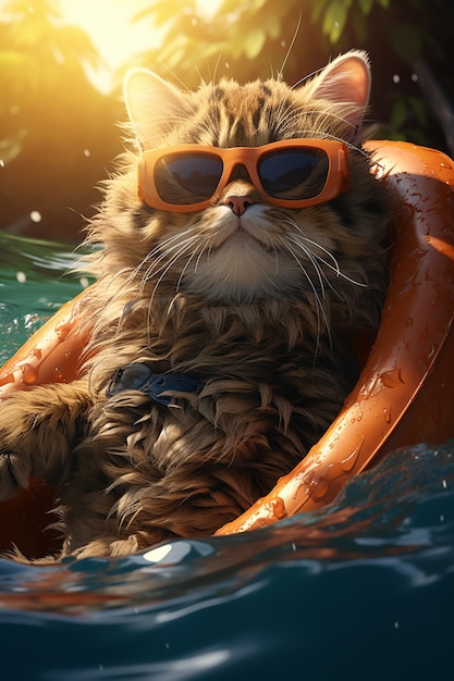 Eine Katze genießt den Sommer mit Sonnenbrille in einem Schwimmbad