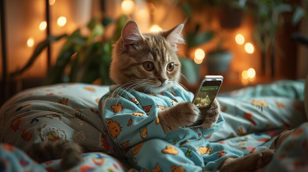 eine Katze hält ein Handy in einem Schlafanzug