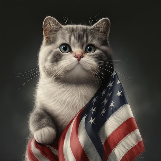 Eine Katze hält eine amerikanische Flagge, auf der das Wort „US“ steht
