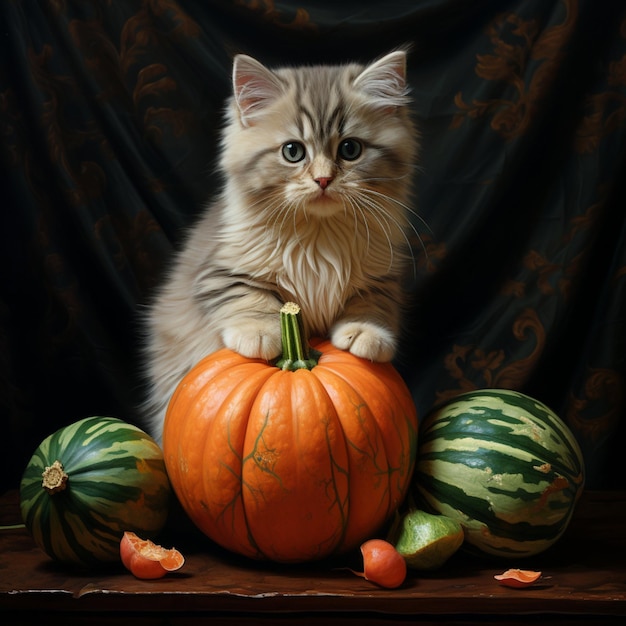 Eine Katze hält einen Kürbis in der Hand