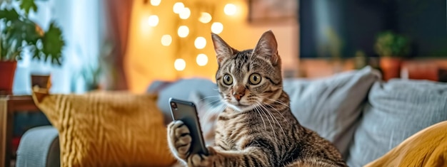 Eine Katze hält mit ihren Pfoten ein Smartphone und macht anscheinend ein Selfie mit einem weichen Bokeh-Hintergrund