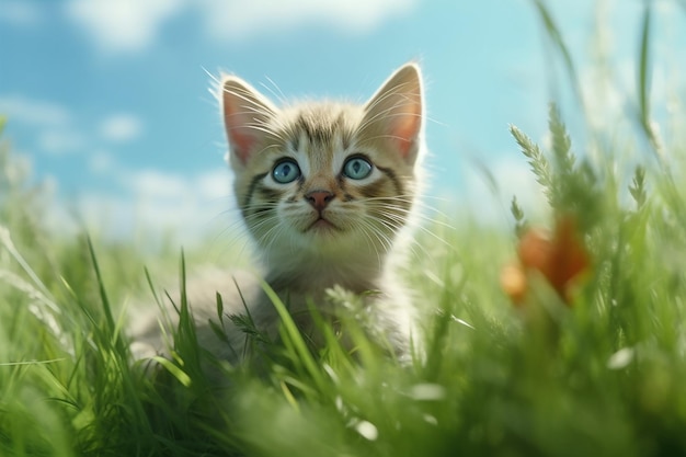 Eine Katze im Gras mit blauen Augen
