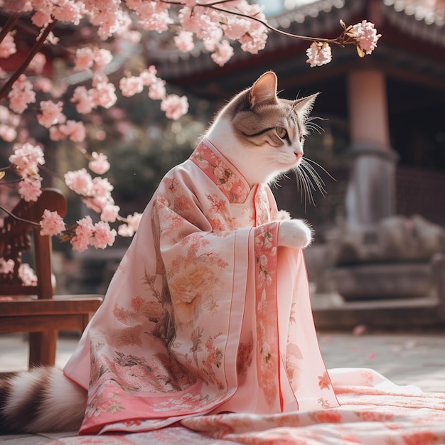 Eine Katze im Kimono sitzt auf einer Bank mit rosa Blumen darauf.