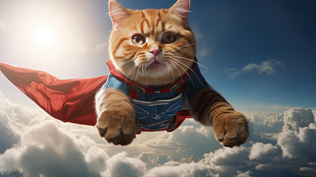 Eine Katze im Superheldenkostüm fliegt durch den Himmel.