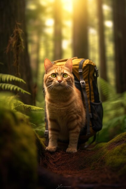 eine Katze im Wald mit einem Rucksack.