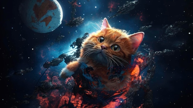 Eine Katze im Weltraum mit dem Planeten Erde im Hintergrund.