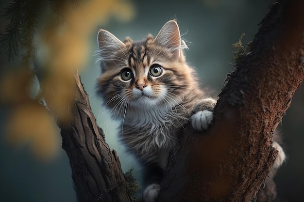 Eine Katze in einem Baum, die in die Kamera schaut