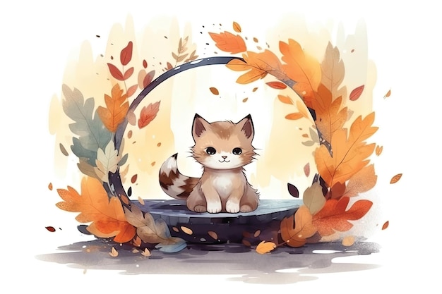 Eine Katze in einem Blätterkreis