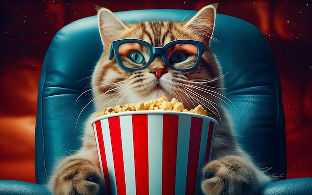 Eine Katze in einem blauen Stuhl, die Popcorn isst