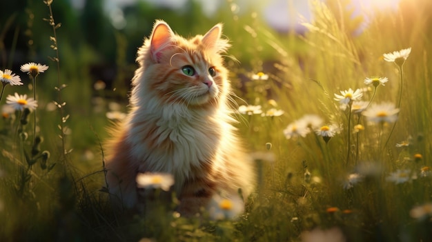 Eine Katze in einem Blumenfeld