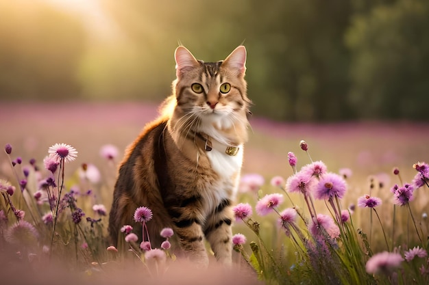 Eine Katze in einem Blumenfeld