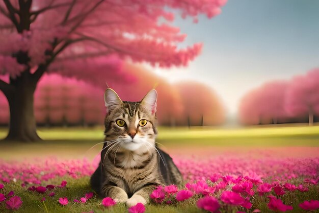 Eine Katze in einem Blumenfeld