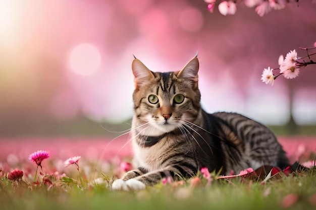 Eine Katze in einem Blumenfeld