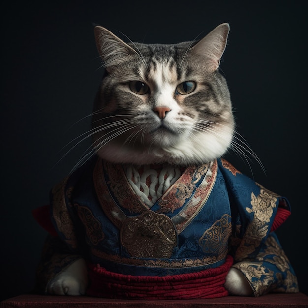 Eine Katze in einem chinesischen Kostüm steht auf einem Tisch.
