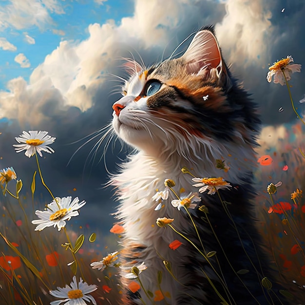 Eine Katze in einem Gänseblümchenfeld