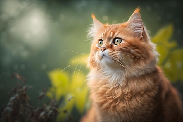 Eine Katze in einem Garten, die nach oben schaut