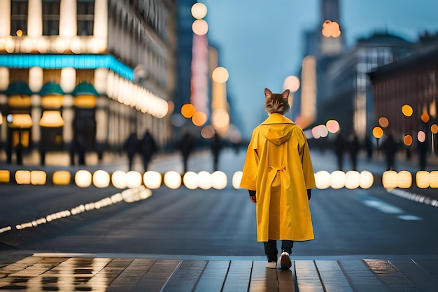 Eine Katze in einem gelben Mantel geht eine nasse Straße entlang.