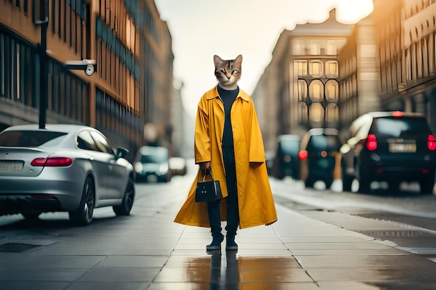 eine Katze in einem gelben Regenmantel mit einer Tasche auf der Rückseite