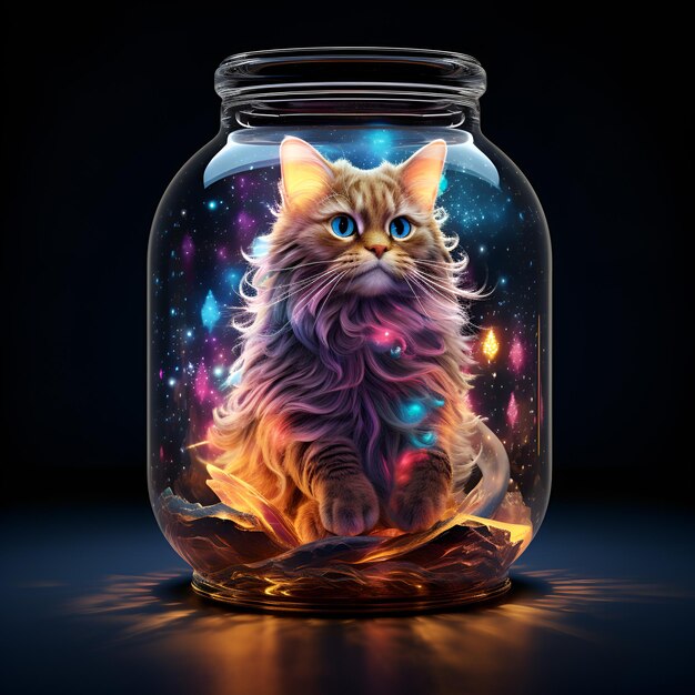 eine Katze in einem Glas voller Sterne und Licht Generative Ai