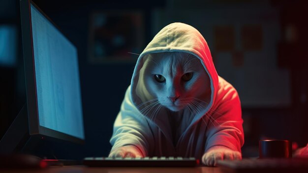 Eine Katze in einem Kapuzenpullover schaut auf einen Computerbildschirm.