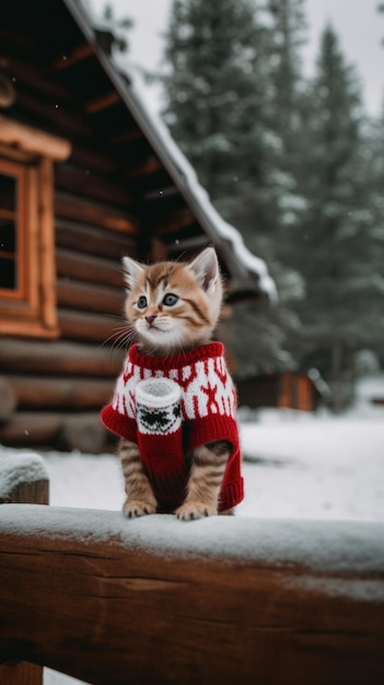 Eine Katze in einem Pullover sitzt auf einem Holzzaun. Generatives KI-Bild