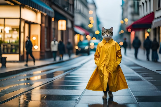 eine Katze in einem Regenmantel geht eine nassen Straße entlang.