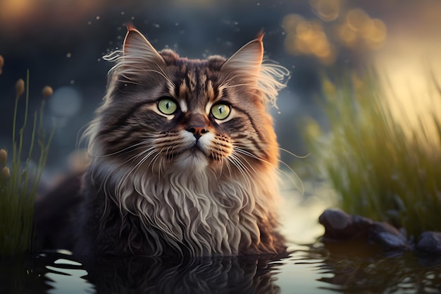 Eine Katze in einem Teich mit grünen Augen