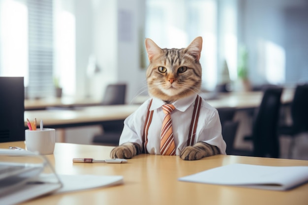 eine Katze in einem weißen Hemd und einer Krawatte sitzt am Schreibtisch einer Katze im Büro mit einer Krawatte