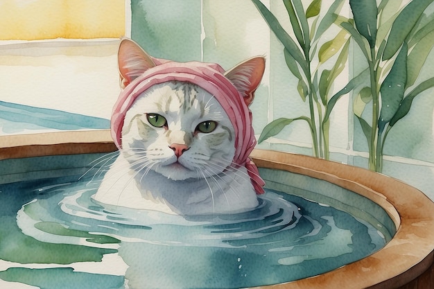 Eine Katze in einer Badewanne mit einem rosa Handtuch Aquarell Tier Spa Szene Spa Tag Katzenporträt