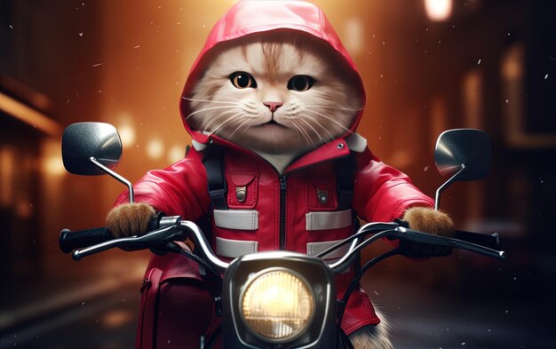 eine Katze in einer roten Jacke fährt auf einem Motorrad