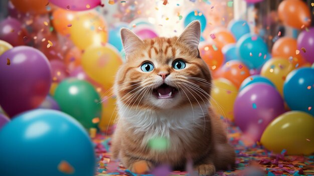 Eine Katze ist von Ballons und Konfetti umgeben