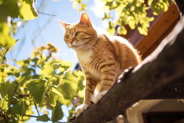 Eine Katze klettert auf einen Baum auf einer sonnigen Terrasse