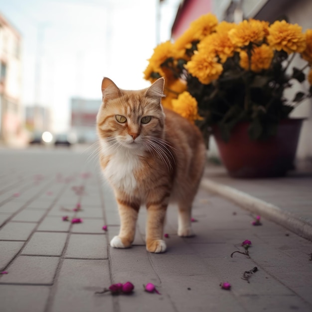 Eine Katze läuft auf einem Bürgersteig mit gelben Blumen im Hintergrund.