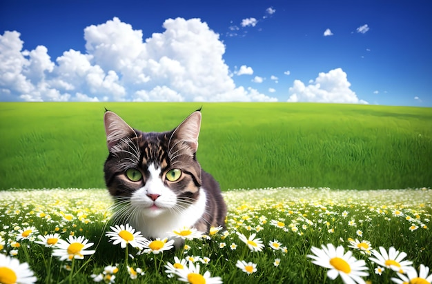 Eine Katze läuft auf einem Feld mit Gänseblümchen. Generative KI