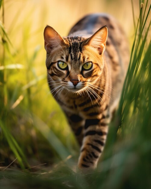 Eine Katze läuft durch hohes Gras mit gelbem Hintergrund.