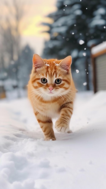 Eine Katze läuft im Schnee