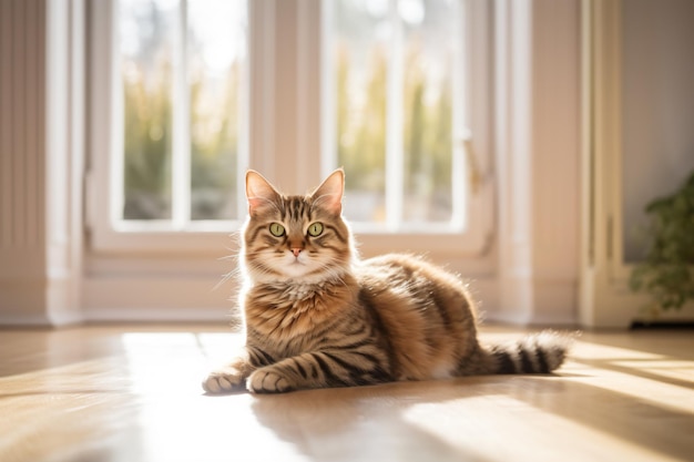 Eine Katze liegt auf dem Boden vor einem Fenster