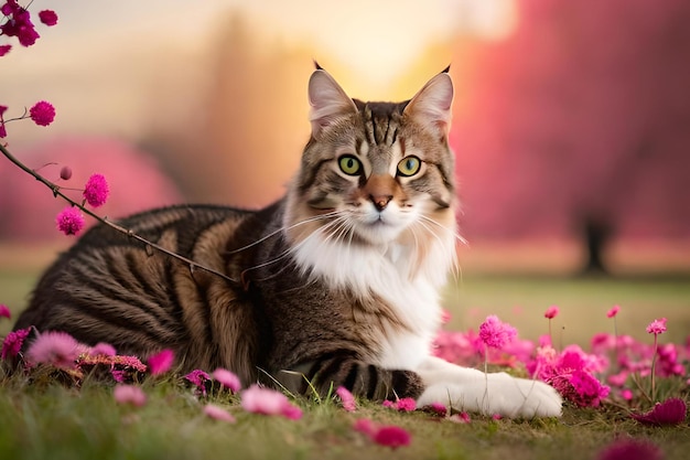 Eine Katze liegt auf dem Gras mit rosa Blumen im Hintergrund