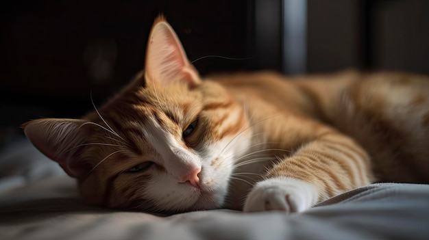 Eine Katze liegt auf einem Bett, auf das Licht scheint