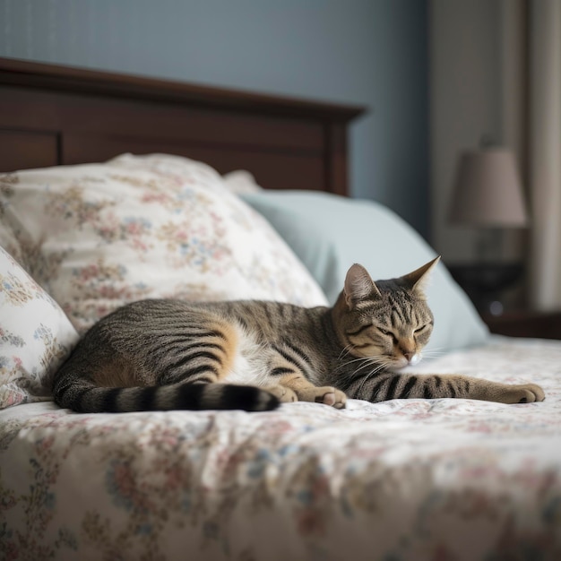 Eine Katze liegt auf einem Bett mit einem geblümten Laken darauf.