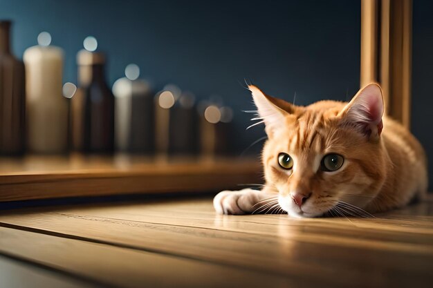 Eine Katze liegt auf einem Holzboden und blickt in die Kamera.