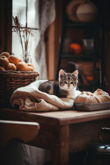 Eine Katze liegt auf einem Holztisch. Generatives KI-Bild