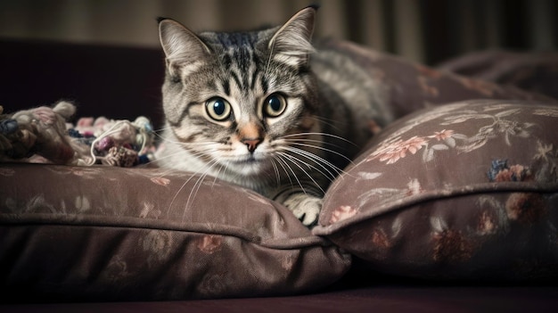 Eine Katze liegt auf einem Kissen mit dem Wort „Katze“ darauf