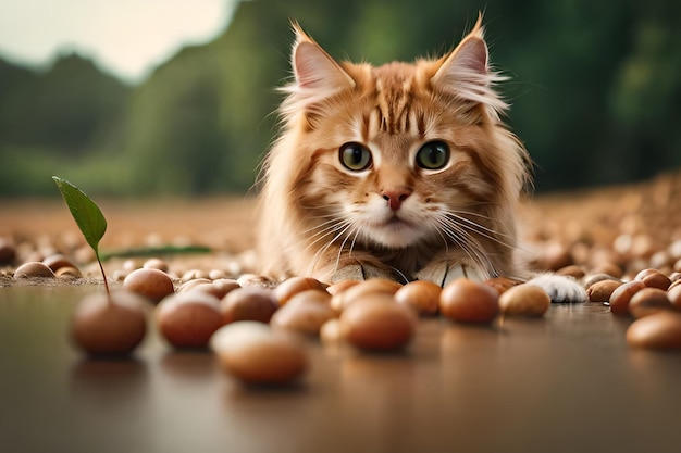 Eine Katze liegt auf einem Tisch mit Erdnüssen im Hintergrund