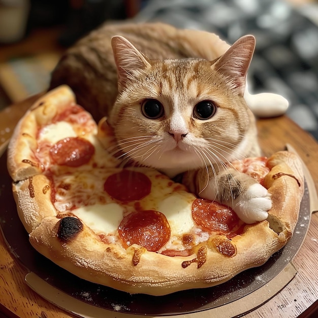 Foto eine katze liegt auf einer pizza