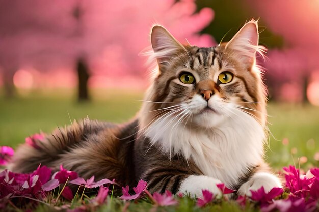 Eine Katze liegt im Gras mit rosa Blumen im Hintergrund