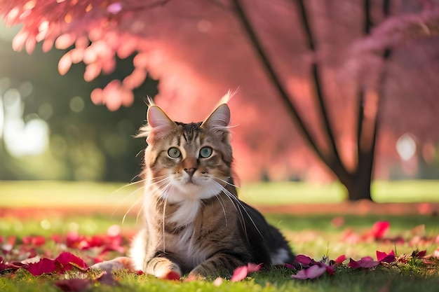 Eine Katze liegt im Gras vor einem rosa Baum.
